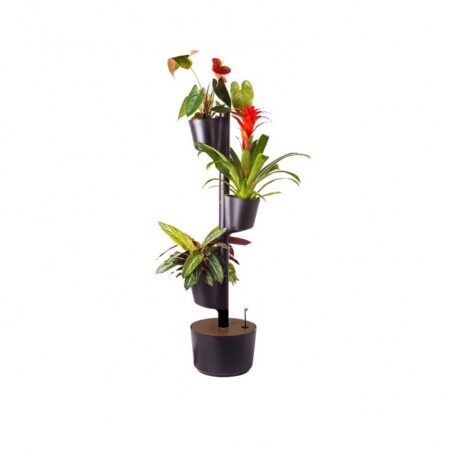 CitySens Vertical Planter – Black 3 Pots with Digital Watering Kit and Teak Wood Details - Image 3