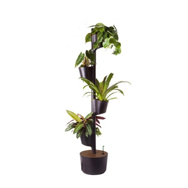 CitySens Vertical Planter – Black 4 Pots with Digital Watering Kit and Teak Wood Details