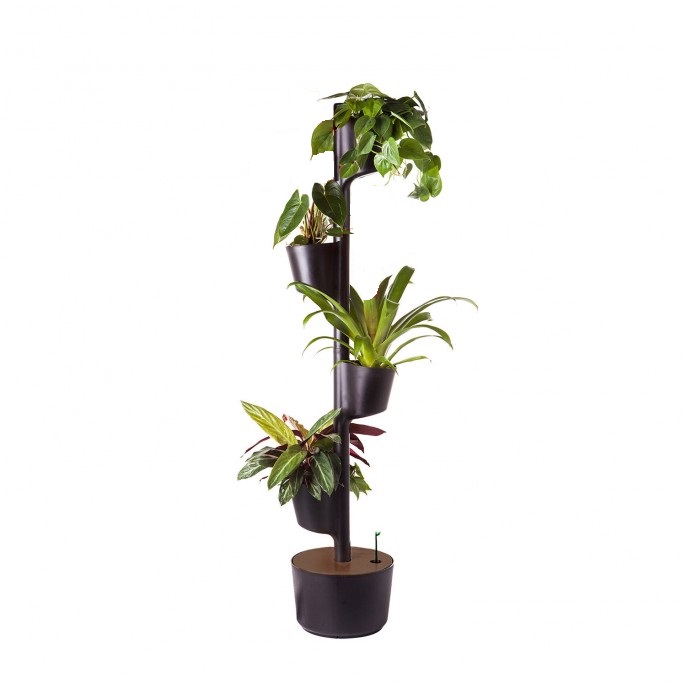 CitySens Vertical Planter – Black 4 Pots with Digital Watering Kit and Teak Wood Details - Image 3