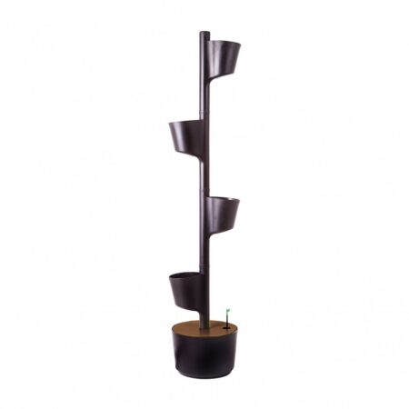 CitySens Vertical Planter โ Black 4 Pots with Digital Watering Kit and Teak Wood Details