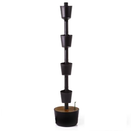 CitySens Vertical Planter – Black 4 Pots with Digital Watering Kit and Teak Wood Details - Image 4