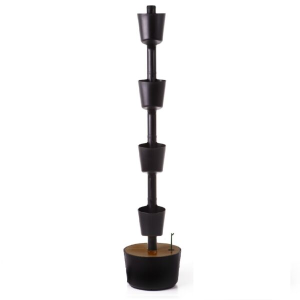 CitySens Vertical Planter – Black 4 Pots with Digital Watering Kit and Teak Wood Details