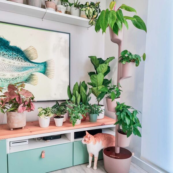 CitySens Vertical Planter – Pine Bark 4 Pots with Wi-Fi Smart Watering Kit and Teak Wood Details