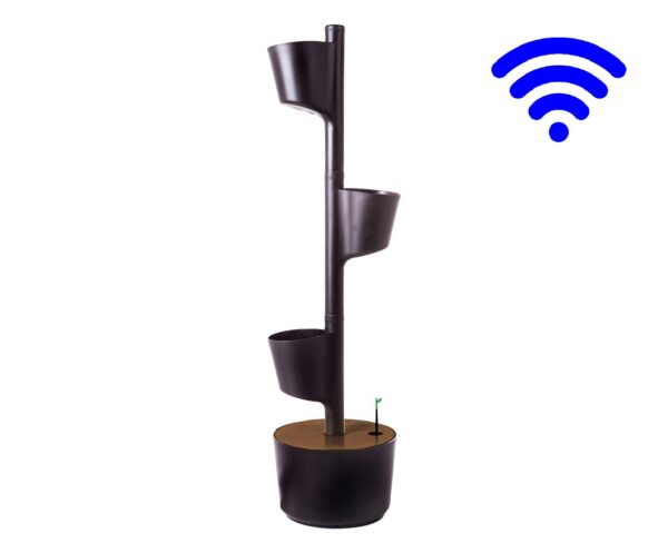 CitySens Vertical Planter – Black 3 Pots with Wi-Fi Smart Watering Kit and Teak Wood Details