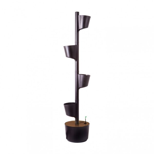 CitySens Vertical Planter – Black 4 Pots with Wi-Fi Smart Watering Kit and Teak Wood Details