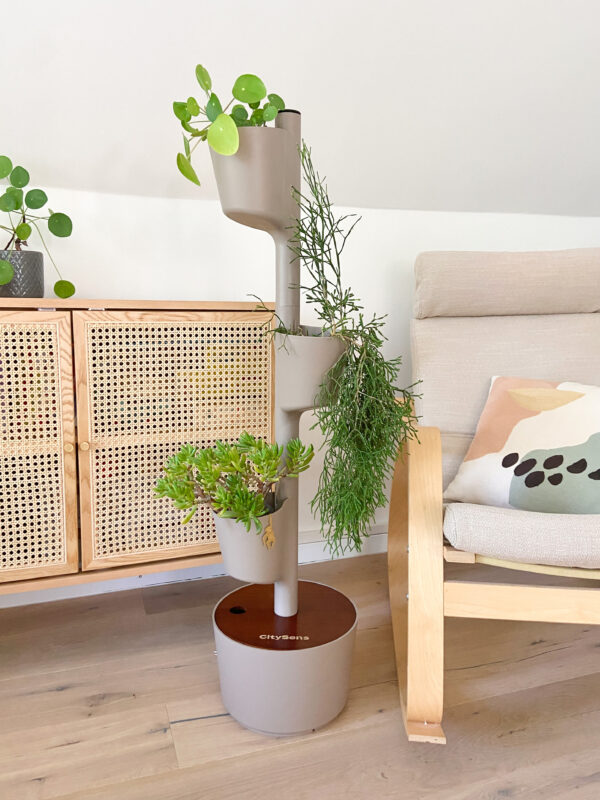 CitySens Vertical Planter – Pine Bark 3 Pots with Wi-Fi Smart Watering Kit and Teak Wood Details