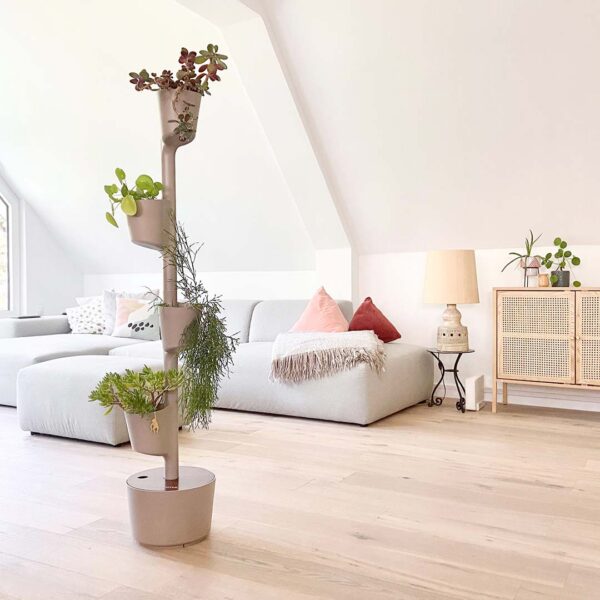 CitySens Vertical Planter – Pine Bark 3 Pots with Wi-Fi Smart Watering Kit and Teak Wood Details