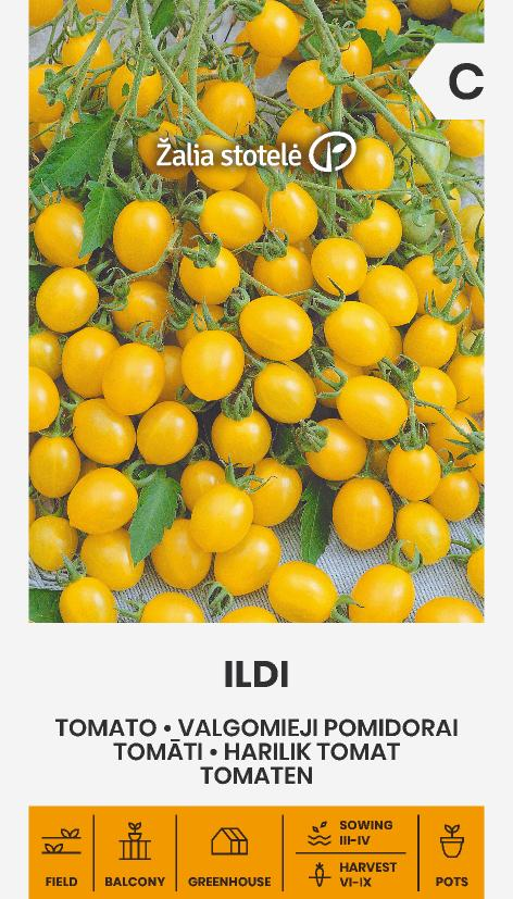 Cherry tomato 'Ildi' seed packet by Seklos with yellow plum-shaped cherry tomatoes