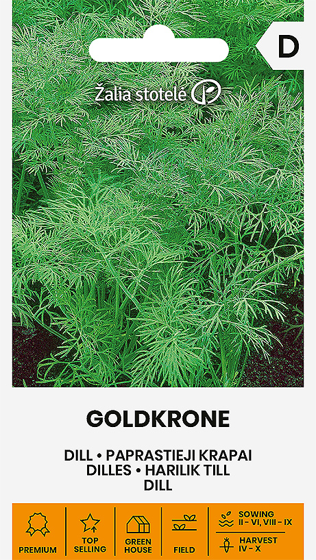 Dill 'Goldkrone' seed packet by Seklos with dark green dill leaves