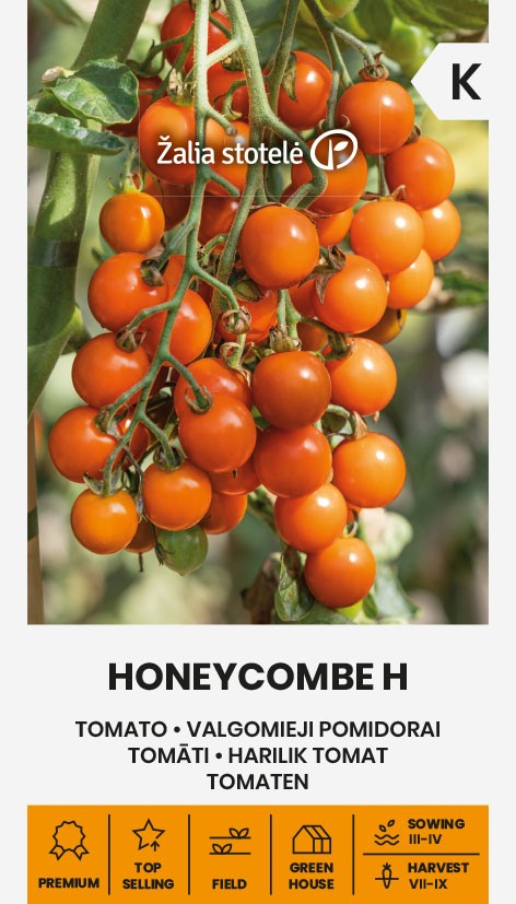 Tomato 'Honeycombe' F1 seed packet by Seklos with orange cherry tomatoes on the truss